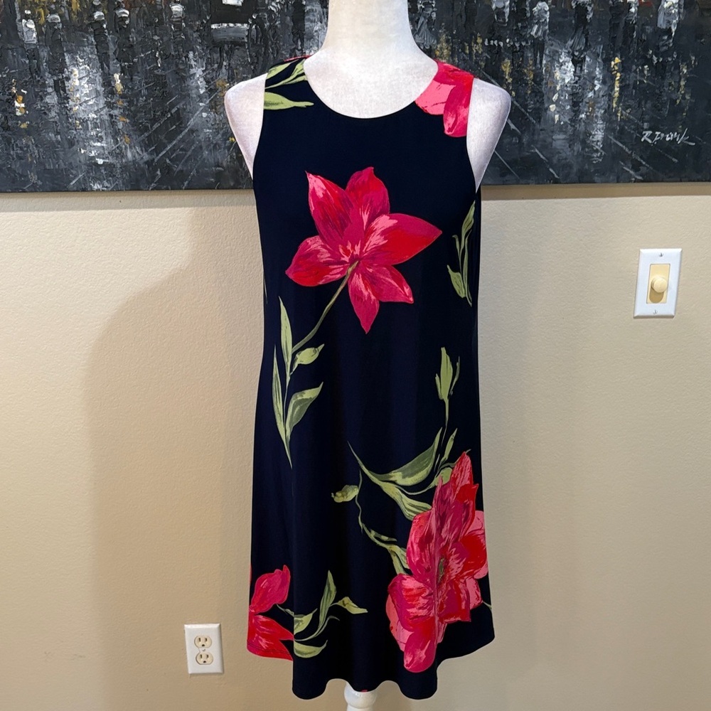 Anne Klein Navy Dress with Pink and Green Floral Design-Size 6